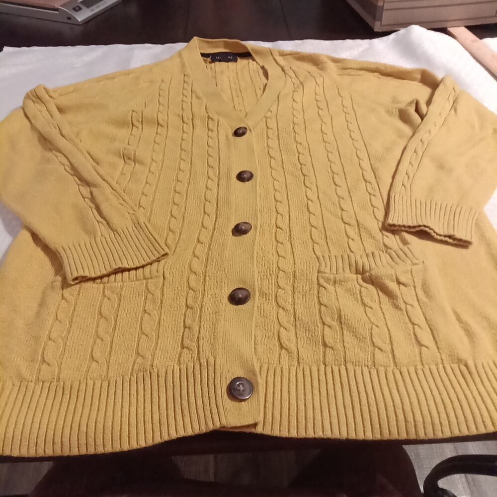 Lands End Women's Wool Blend Mustard Yellow Cardigan 14/16 Fisherman Cable Knit